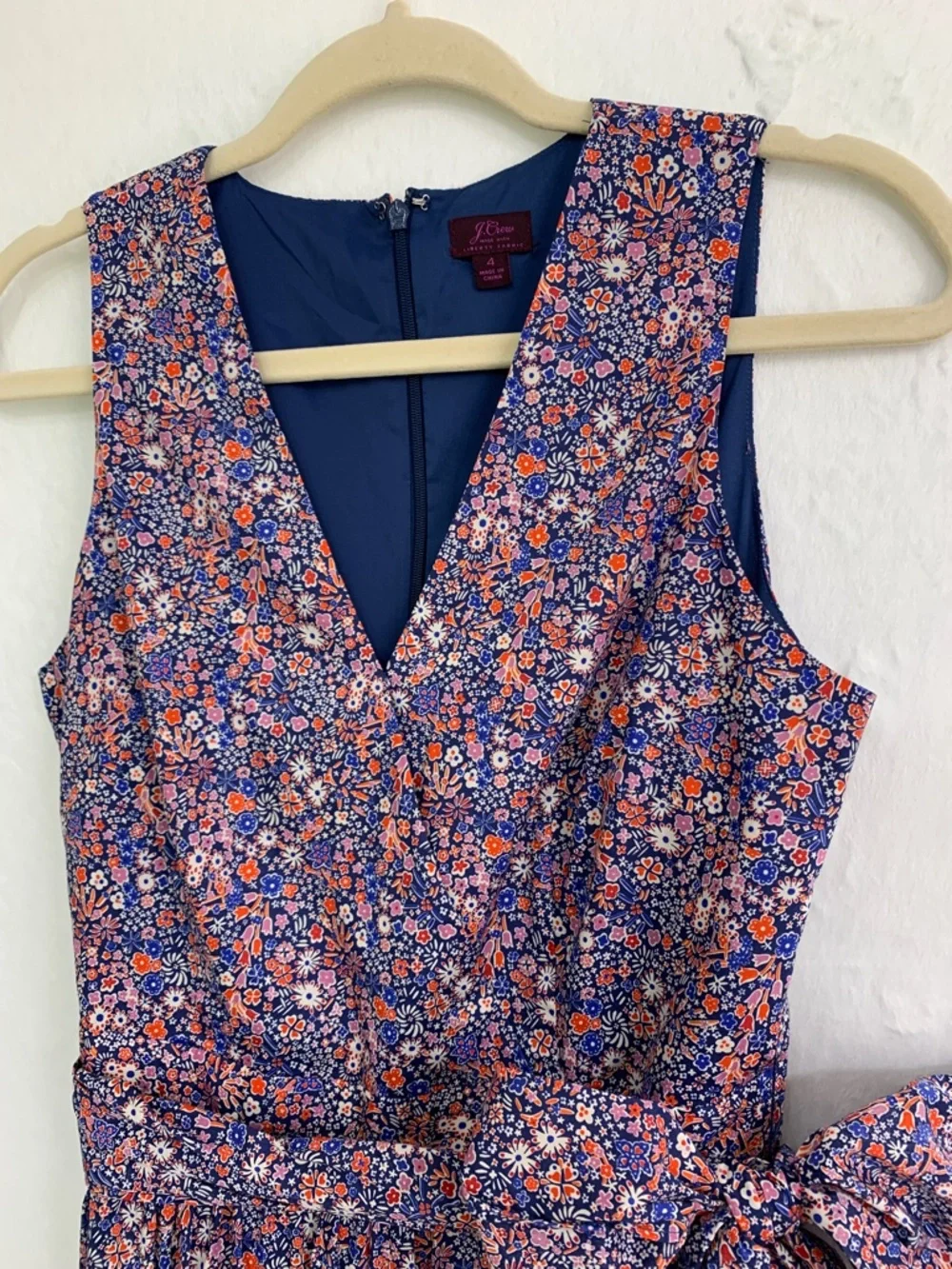 J. Crew Liberty Fabric Kayoko Deep Blue Floral Tie Waist Midi Dress Sz 4
